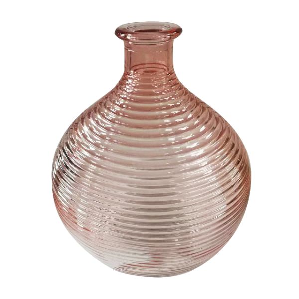Ribbed Round Pink Glass Vase - 16cm x 16cm x 20cm