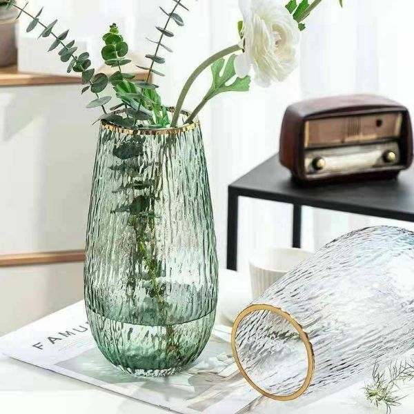 Ribbed Glass Vase With Gold Rim - 14cm x 27cm