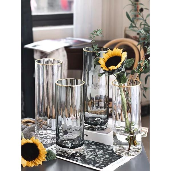 Coloured Glass Cylinder Vase With Gold Rim - 10cm x 30cm