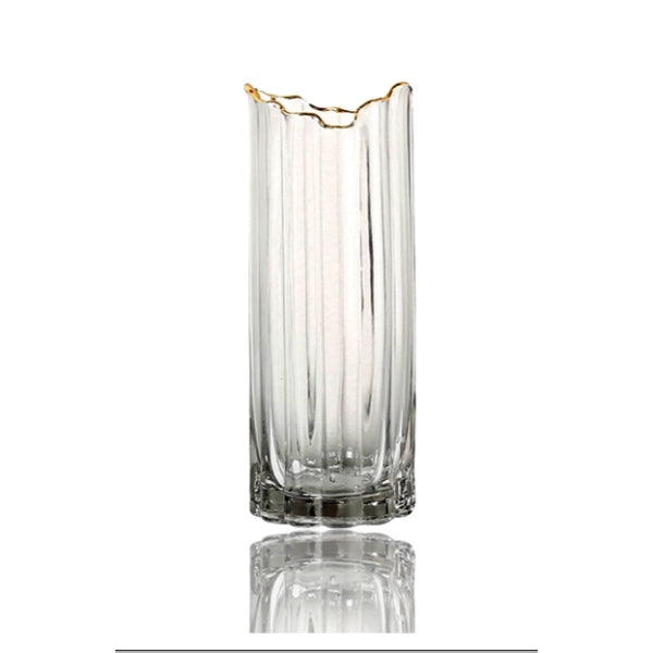 Glass Ribbed Vase With Gold Rim - 10cm x 25cm