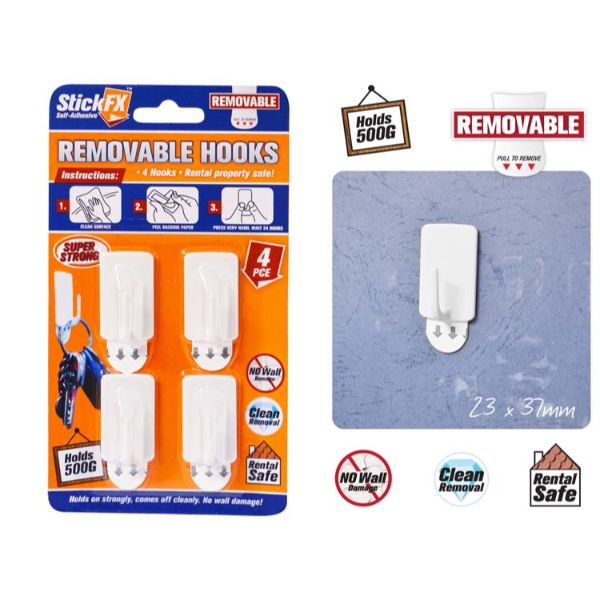 4 Pack 500g Self Adhesive Removable Hooks - 3.5cm