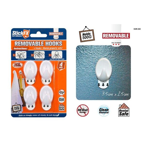 4 Pack 500g Self Adhesive Removable Hooks - 3.5cm