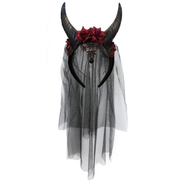 Demon Bride Headpiece With Horns With Roses and Vail