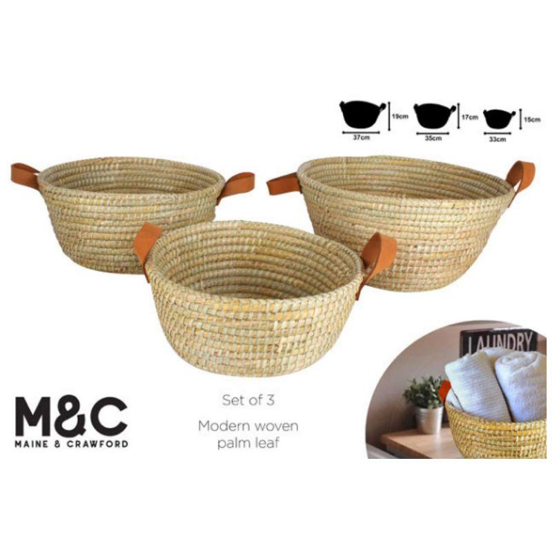 Noosa Palm Leaf Basket with Leather Handle - Medium