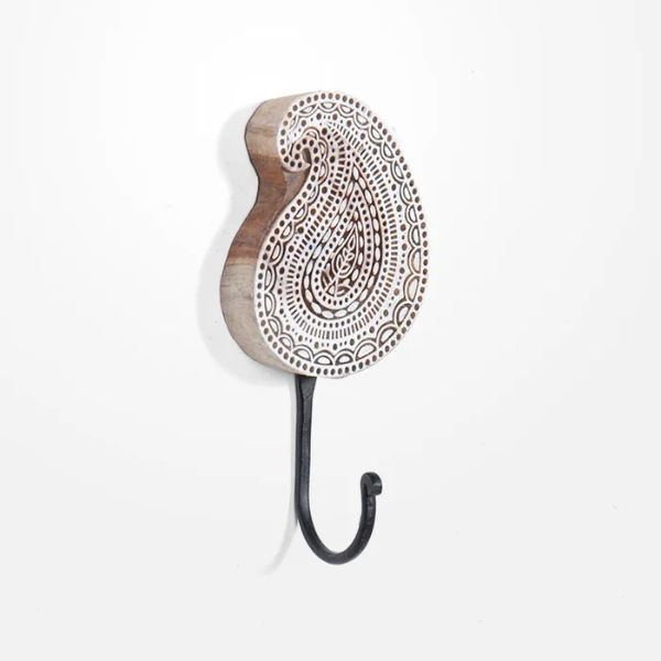 Paisley Carved Wood Block Hook - 5cm x 5cm x 2cm