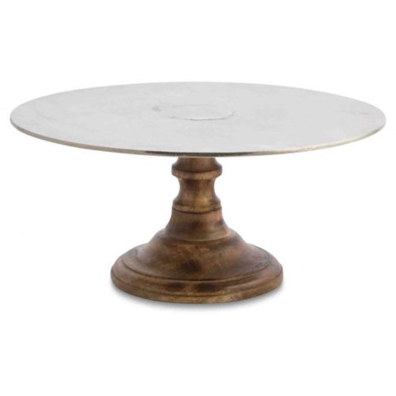 Aluminium Round Cake Stand on Mango Wood Base - 30.5cm x 14cm