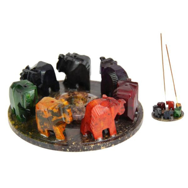 Round 7 Chakra Elephant Soapstone Incense Cone Holder - 10cm