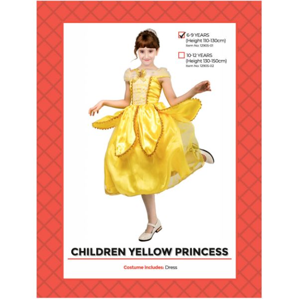 Girls Yellow Princess Costume - Size 6-9 Years