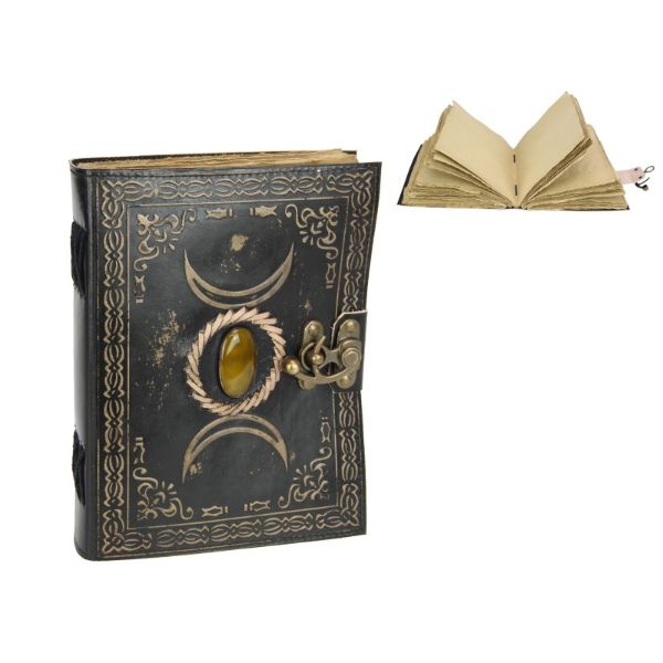 Antique Paper Leather Journal/Spell Book with Triple Moon and Stone Design - 20cm x 15cm