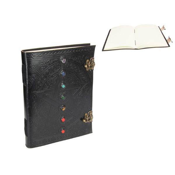 Black Leather Journal/Spell Book with 7 Chakra Gems & Pentagram Design - 33cm x 25cm