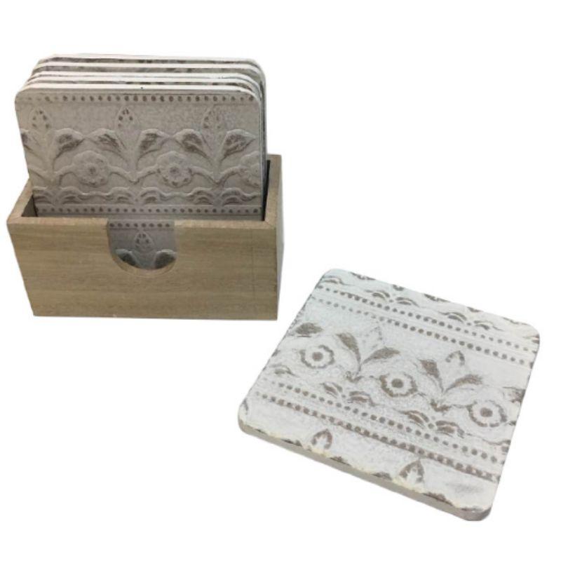 Carved Design Wooden Coaster Set