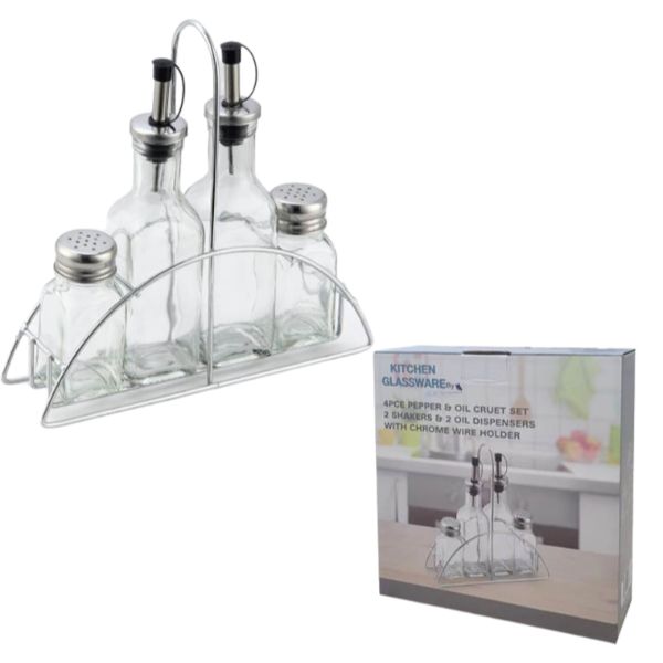 4 Piece Pepper & Oil Glass Cruet Set With Chrome Wire Holder - 22cm x 5.4cm x 22cm
