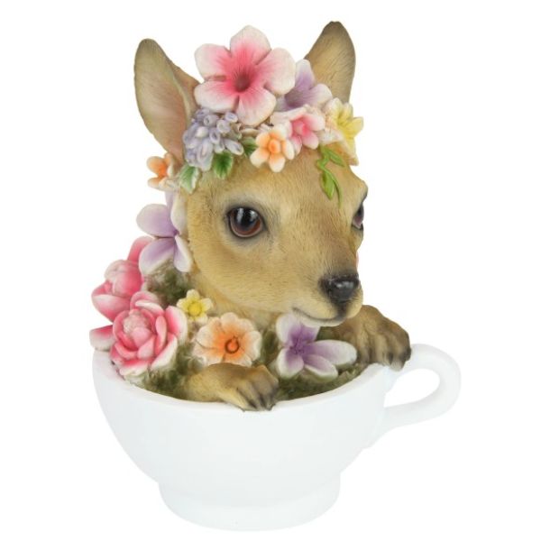 Cute Baby Kangaroo In Teacup With Floral Design - 16cm
