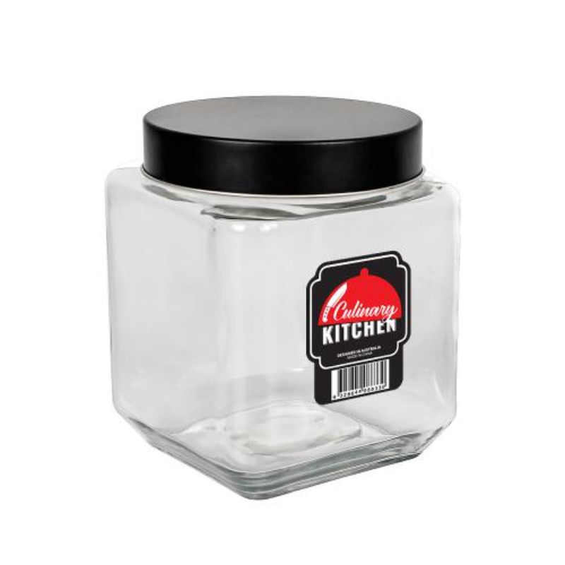 Square Black Glass Jar with Lid - 1.2L
