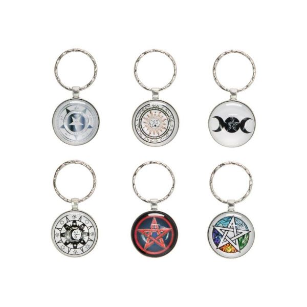 Round Glass Keyring with Wiccan Design - 3cm