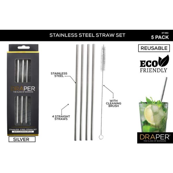 5 Pack Stainless Steel Straight Cocktail Straw Set