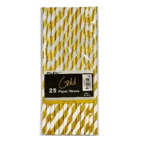 25 Pack Gold Striped Foil Paper Straws