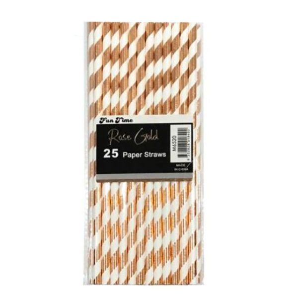 25 Pack Rose Gold Striped Foil Paper Straws