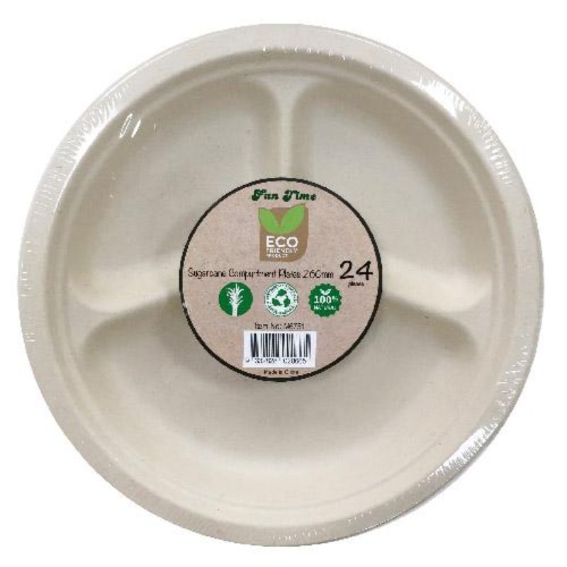24 Pack 3-Compartment Sugarcane Eco-friendly Plates - 26cm