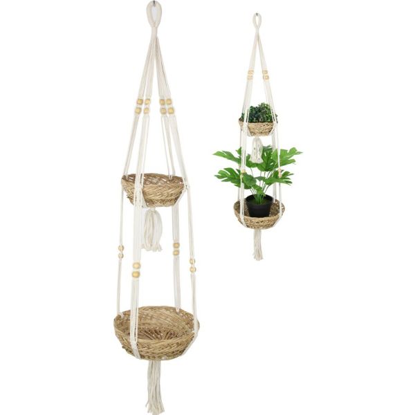 Double Macrame and Rattan Pot Holder - 115cm