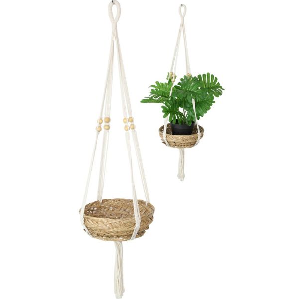 Single Macrame and Rattan Pot Holder - 85cm