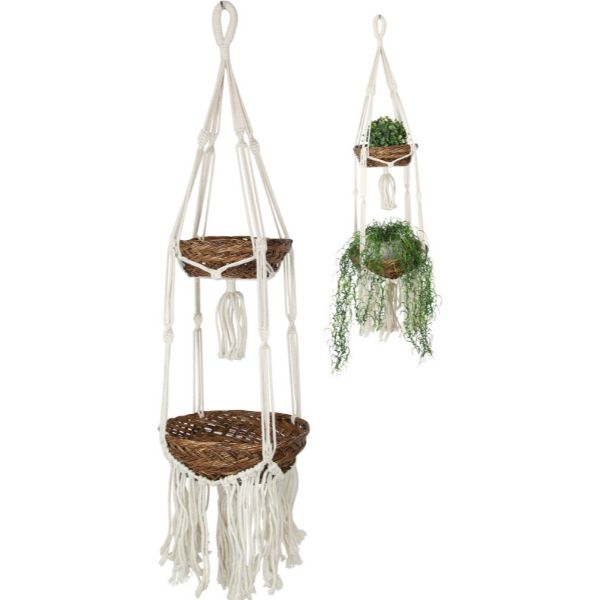 Double Macrame and Rattan Pot Holder with Tassels - 90cm