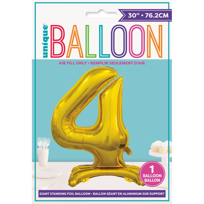 Gold "4" Giant Standing Air Filled Numeral Foil Balloon - 76.2cm