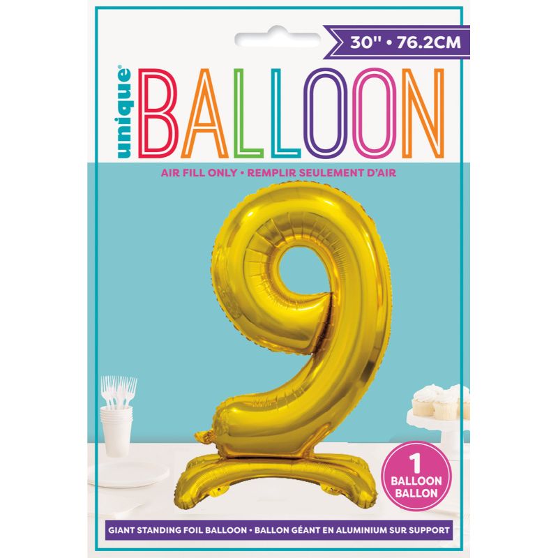 Gold "9" Giant Standing Air Filled Numeral Foil Balloon - 76.2cm