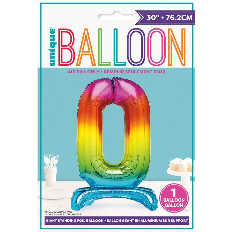 Rainbow "0" Giant Standing Air Filled Numeral Foil Balloon - 76.2cm