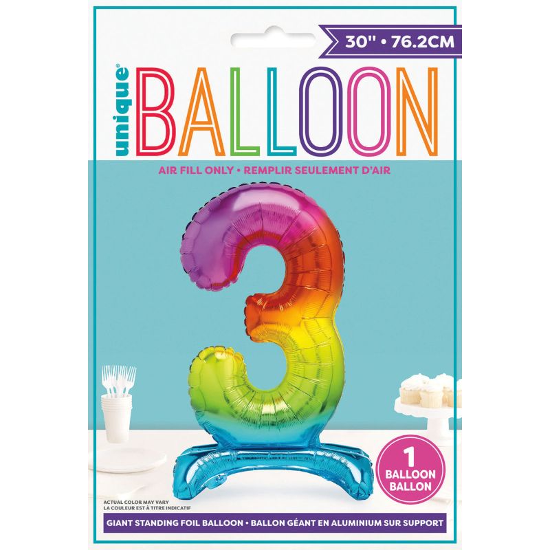 Rainbow "3" Giant Standing Air Filled Numeral Foil Balloon - 76.2cm