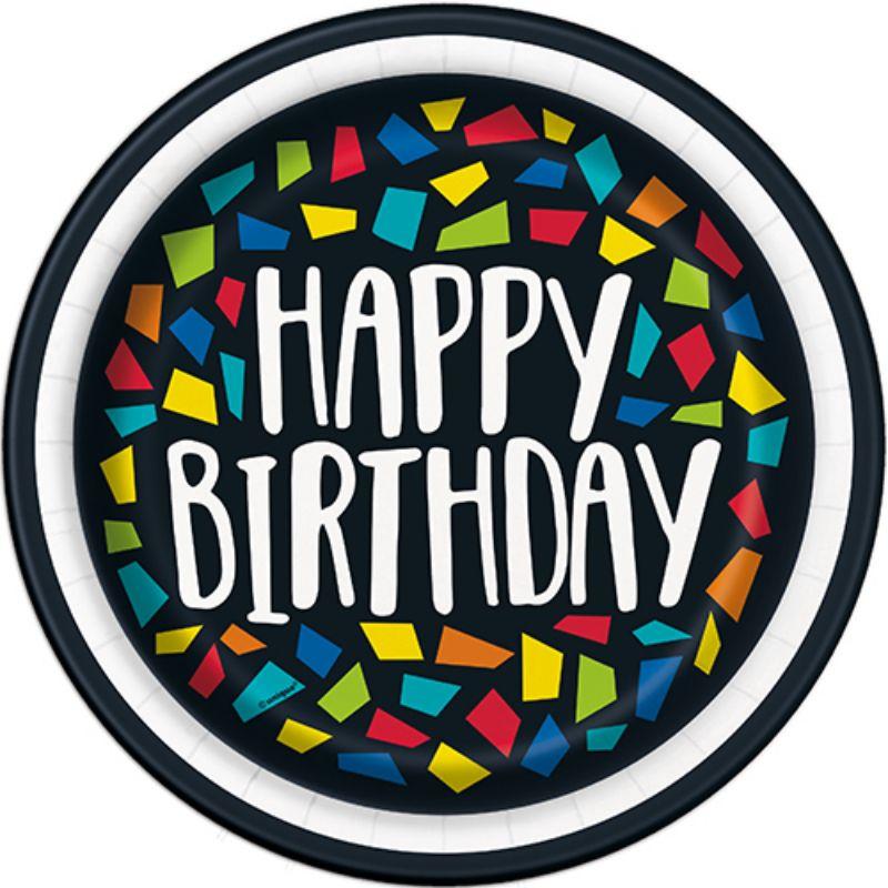 8 Pack Colourful Mosaic Birthday Paper Plates - 23cm