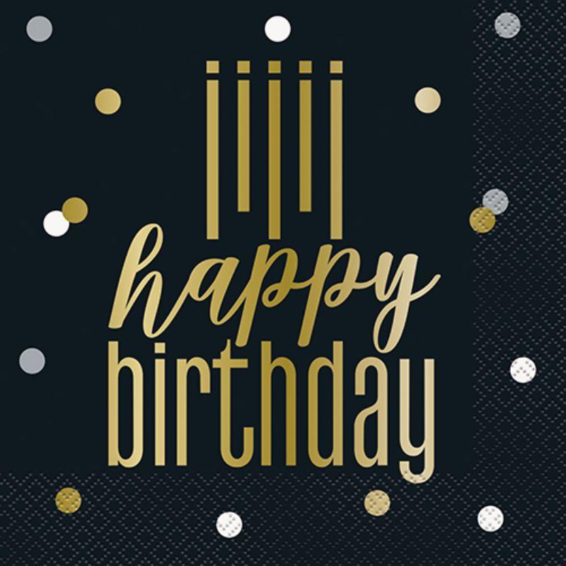 16 Pack Metallic Happy Birthday Lunch Napkins - 33cm x 33cm