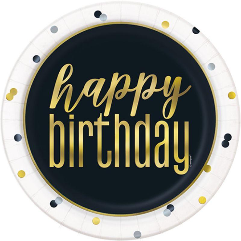8 Pack Metallic Happy Birthday Paper Plates - 23cm
