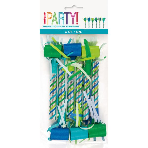 6 Pack Blue & Green Stripe Fringed Party Blowouts