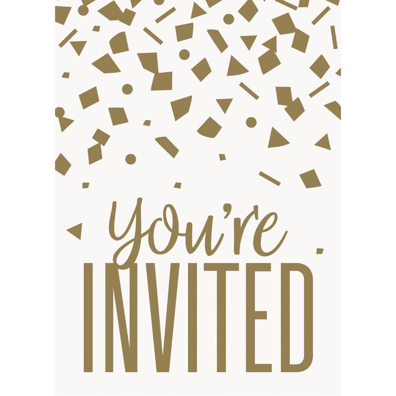 8 Pack Gold Confetti Invitations - 9.7cm x 3.6cm