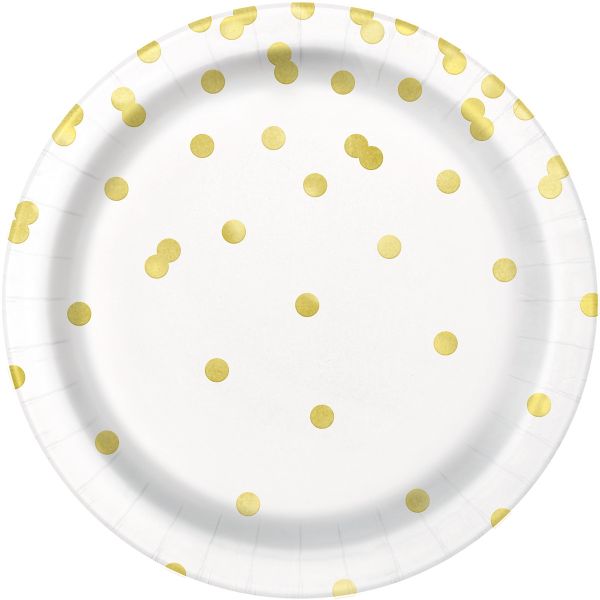 8 Pack Gold Confetti Dots Paper Plates - 23cm