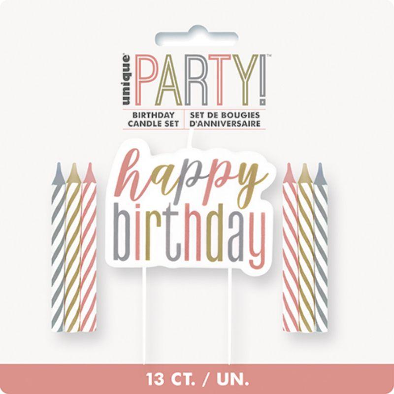 Rose Gold Happy Birthday Candle & 12 Spiral Candles