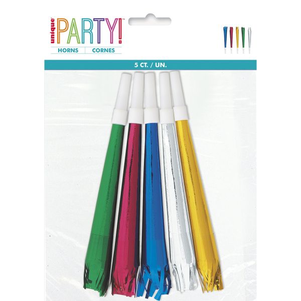 5 Pack Foil Party Horns