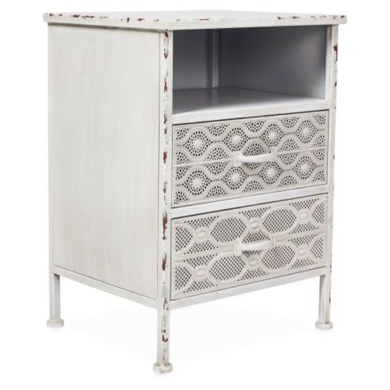 Antique White Filigree 2 Drawer Metal Bedside Table - 42cm x 35.5cm x 58.5cm