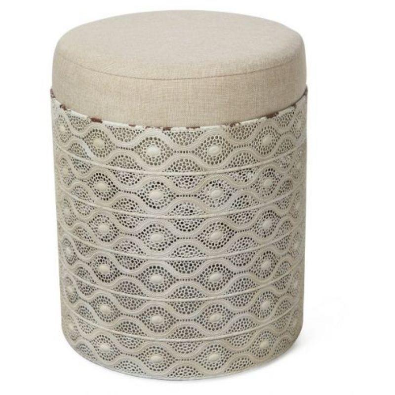 Filigree Round Metal Stool with Cushion - Antique White/Beige - 40cm x 47.5cm