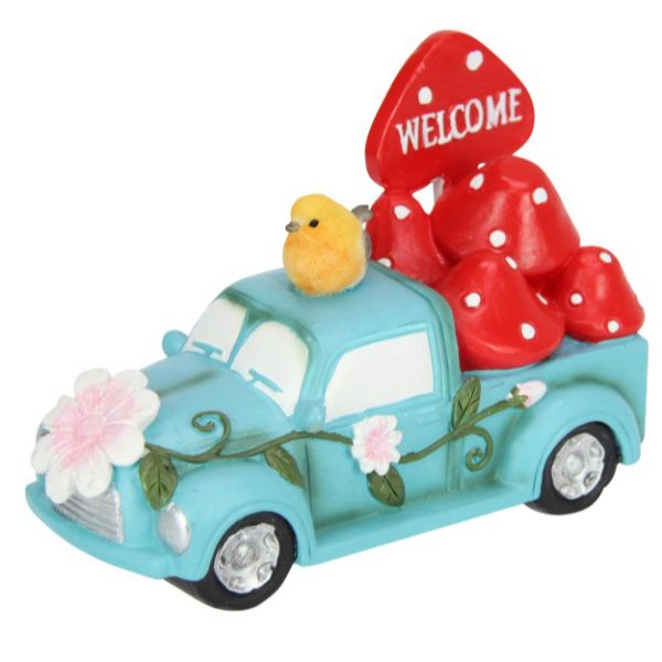Floral Blue Truck with Mushroom Welcome Sign - 13cm