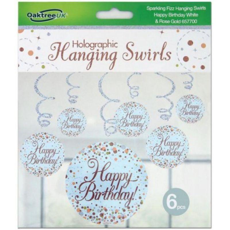 6 Pack Sparkling Fizz Rose Gold HBD Hanging Swirls