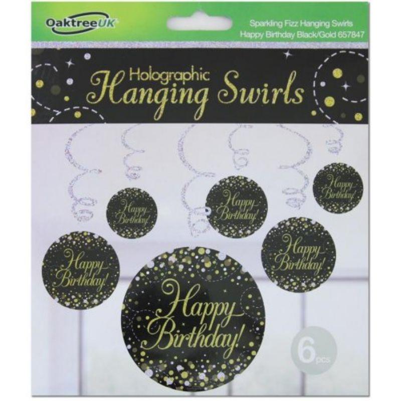 6 Pack Sparkling Fizz Black Gold HBD Hanging Swirls