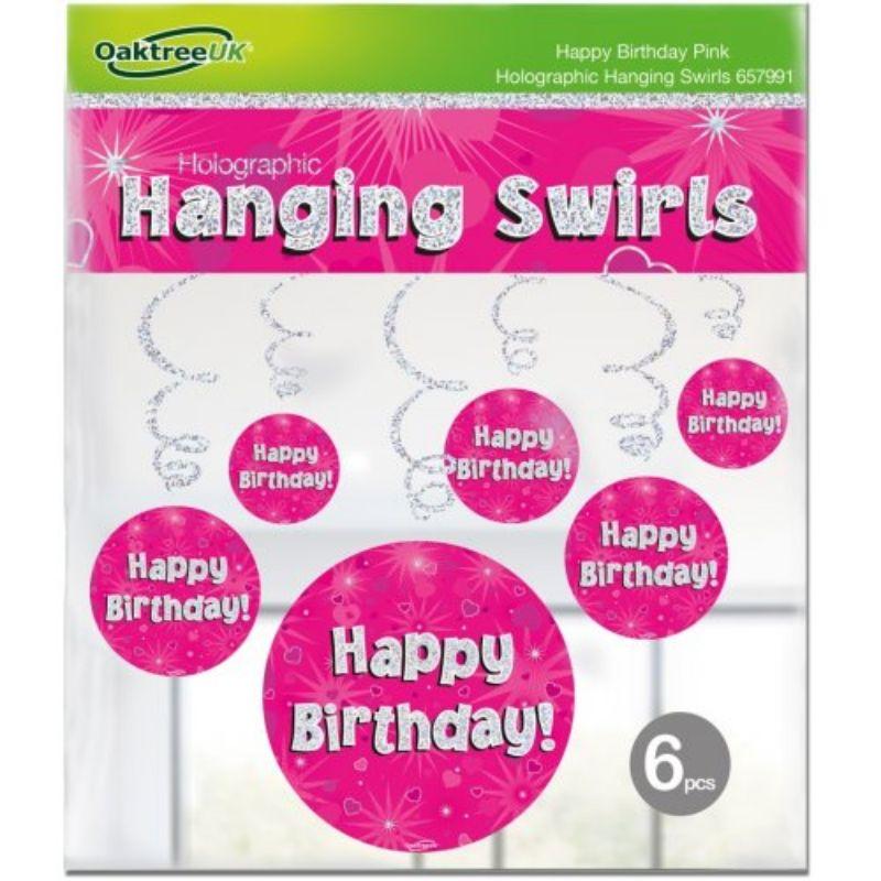 6 Pack Holographic Pink HBD Hanging Swirls