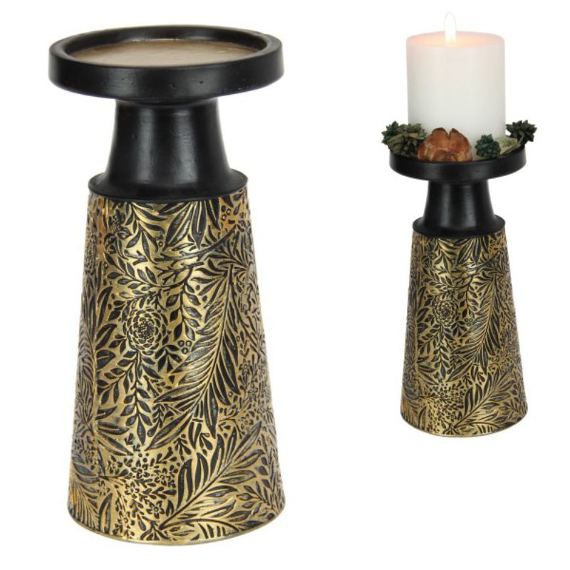 Black and Gold Pillar Candle Holder with Fern Design - 19cm