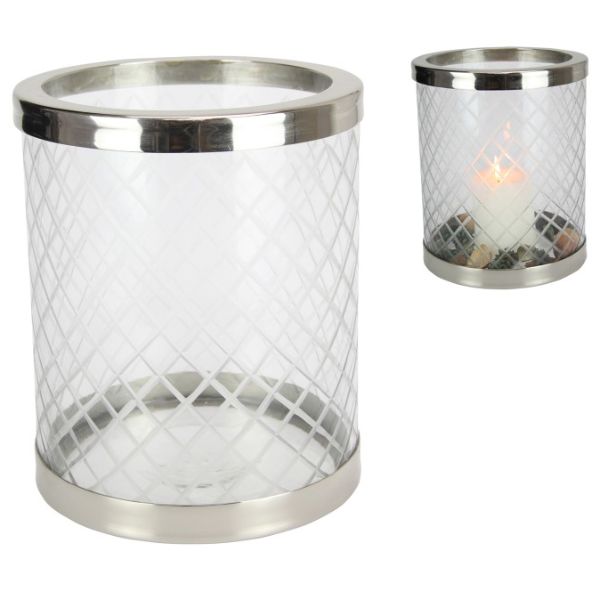 Silver Crystal Glass Pillar Candle Holder - 22cm