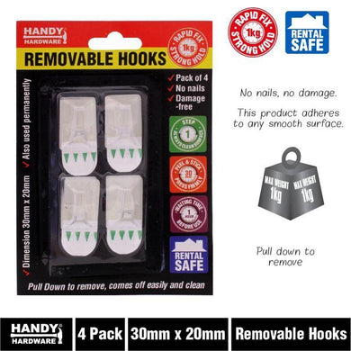 4 Pack Removable Clear Hooks - 30mm x 20mm - The Base Warehouse