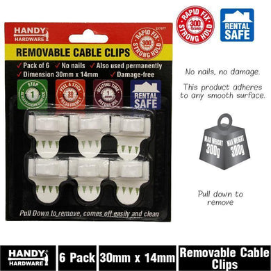 6 Pack Removable Cable Hooks - 30mm x 14mm - The Base Warehouse
