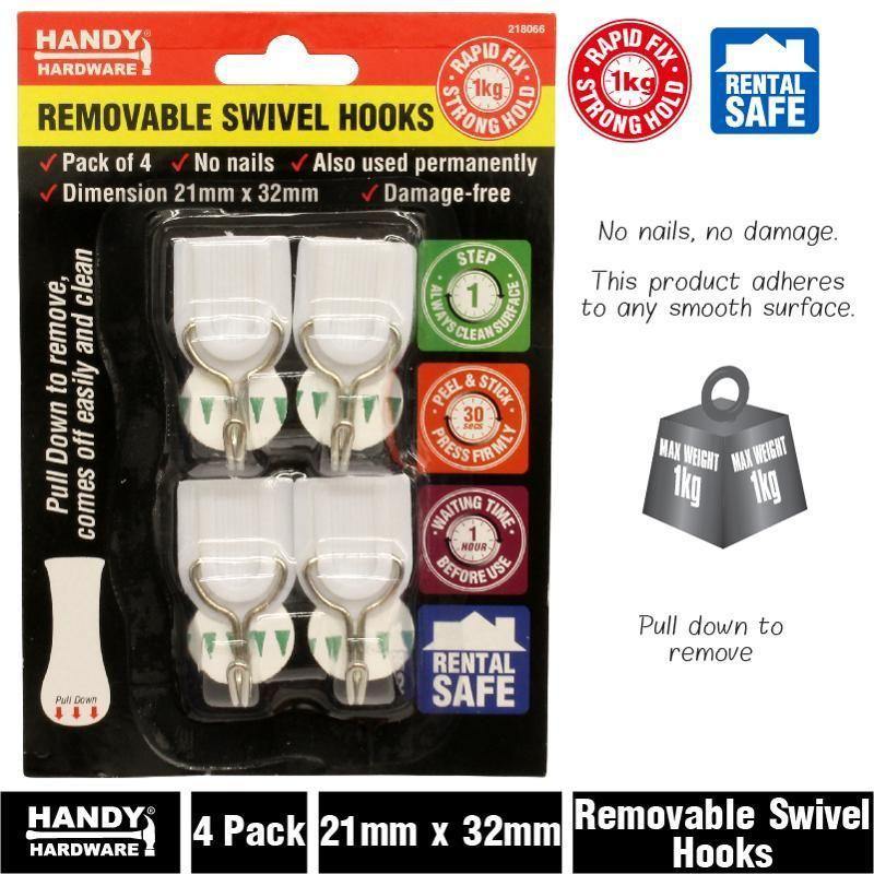 4 Pack Removable Hooks - 25mm x 50mm - The Base Warehouse