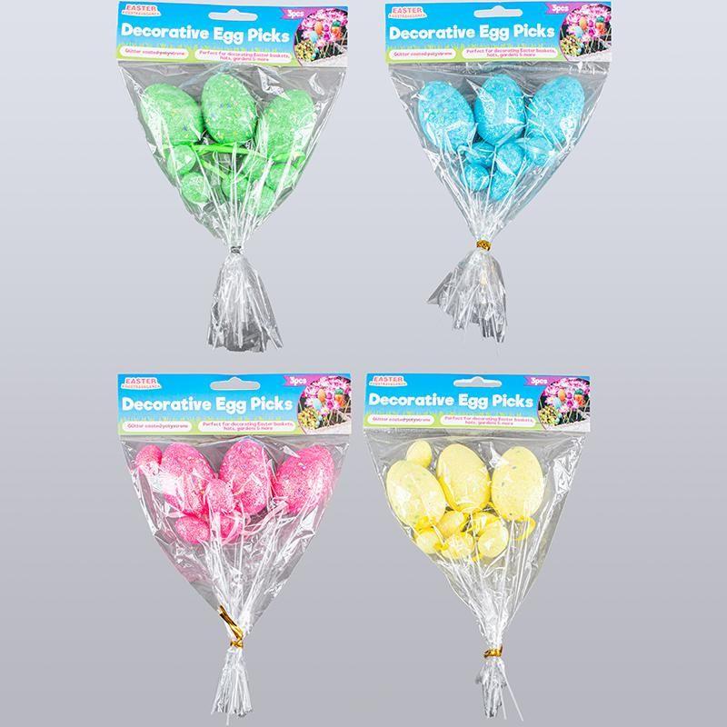 3 Pack Glitter Polystyrene Egg Picks - 19cm
